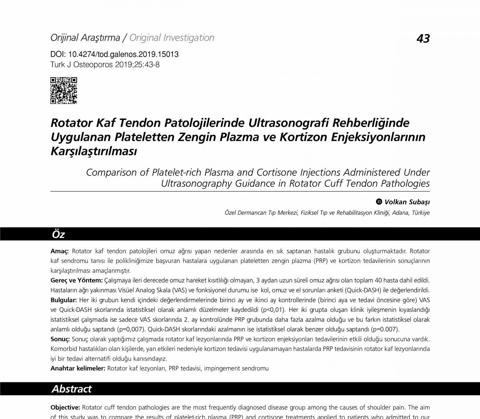 Comparison of Plateletrich Plasma and Cortisone Injections